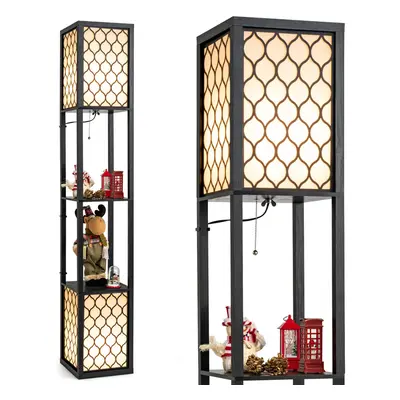 Modern Shelf Floor Lamp Freestanding Double Lamp W/ 2-Tier Wood Shelf