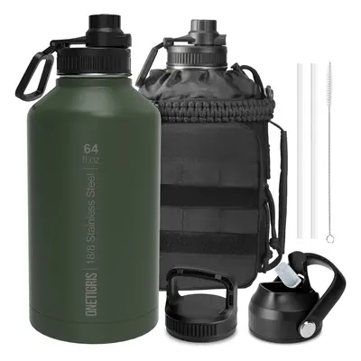 (2L/64OZ, Od Green) Water Bottle, Liter Stainless Steel Insulated Water Bottle with Straw, Outdo