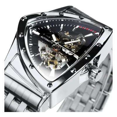 (white,black) Winner Triangle Skeleton Gold Black Watch For Men Automatic Mechanical Wristwatch 