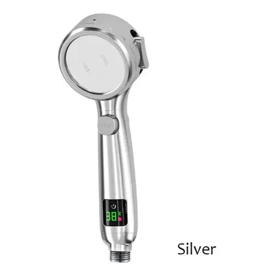 (silver, S) Intelligent Temperature Display Led Shower Head High Pressure Modes Adjustable Rainf