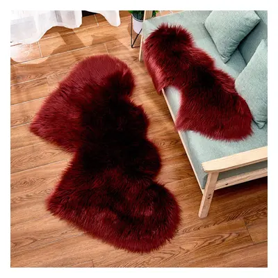 (wine red, 180x90cm) Double-heart Shape Long Shiny Fur Sheepskin Soft Carpet Living Room Home De