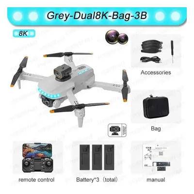 (Dual 8K 3B, Grey) P14 Max Drone 8K HD GPS Professional UAV Intelligent Obstacle Avoidance Folda