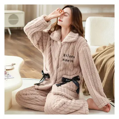 (XL, as the picture) Flannel Pajamas Women Autumn Winter Homewear Thick Coral Velvet Loungewear 