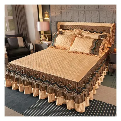 (champagne, 200*220cm) Family Bedroom Princess Lace Quilted Bedspread Luxury Bedspread Skirt Lac