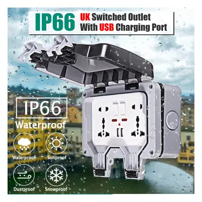 IP66 Weatherproof Outdoor BOX Wall Socket 13A Double Universal / UK Switched Outlet With USB Cha