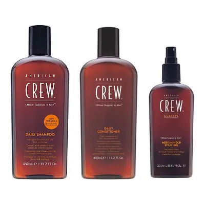 American Crew Daily Moisturizing Shampoo 450ml, Conditioner 450ml and Medium Hold Spray Gel 250m