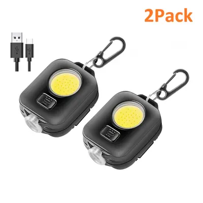 (2 pack Black) Mini LED Keychain Flashlight Ultra Bright COB Key Ring Torch Light Rechargeable 5