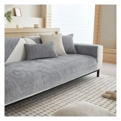 (grey, 110x240cm 1pc) Solid Color Chenille Sofa Towel Thick Universal Sectional Sofa Cover Moder