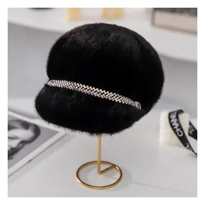 (black, head 55-59cm) Mink Hat Female Winter Mink Fur Beret Cap Fashion Fur Mink Warm Hat