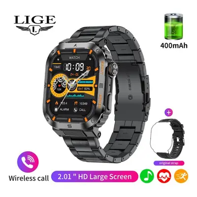 (black, Steel strap) Lige Hd Large Screen Smart Watch 2.01" Square Screen Bluetooth Call Smart B