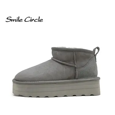 (grey, 36) Classic Ultra Mini Platform Snow Boots Women Sheepskin Suede Leather Warm Natural Woo