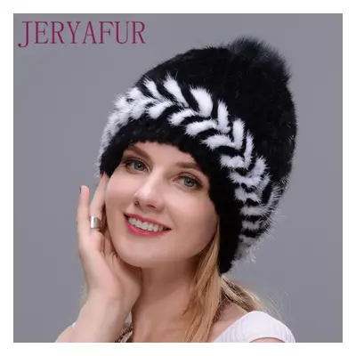 (black,blue, CHINA&One Size) Jeryafur Winter Fur Hat Women Hat Mink Hat Knitted Fox Fur Ski Cap