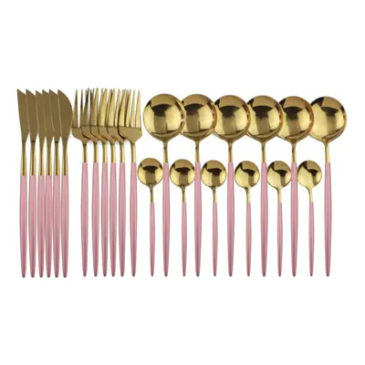 (pink,gold) 24pcs Black Gold Dinnerware Set Stainless Steel Cutlery Set Kitchen Fork Knife Spoon