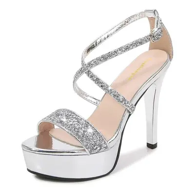 (silver, 35) Sexy Girl Golden Open Toe Platform Ankle Strap Buckle High Heels Sandals Women Part