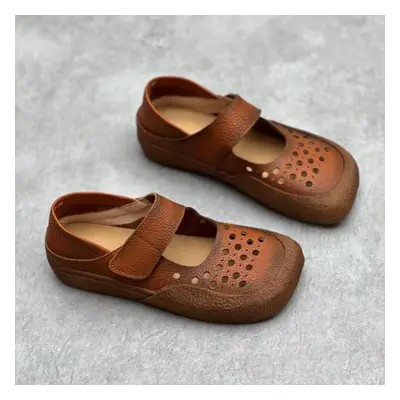 (brown, 37) Johnature Retro Handmade Genuine Leather Square Toe Women Flat Shoes Hollowed Out Co