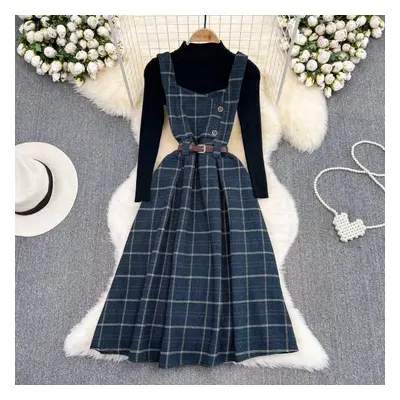 (blue, XL) Autumn And Winter Foreign Fashion Age Reduction Dress Retro Style Woollen Vest + Knit