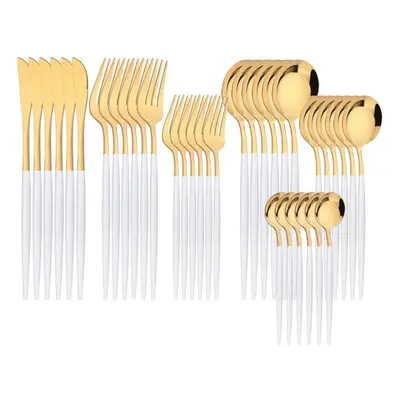 (white,gold) 36pcs Gold Dinnerware Cutlery Set Knife Dessert Fork Coffee Spoon Tableware Western