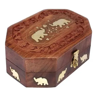 20.32 Cm Wooden Jewellery Box Octagonal Handcrafted Elephant Brass Inlay Wood Carvings