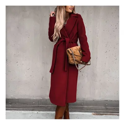 (S, Burgundy) Jocoo Jolee Autumn Winter Warm Long Women Woolen Coat with Belt Casual