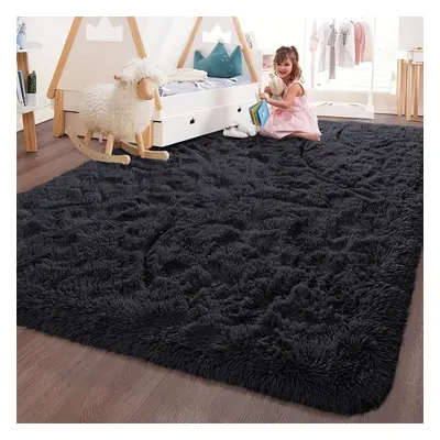 (200X290 CM, Black) Large Shaggy Fluffy Rugs Anti Slip Soft Carpet for Luxury Floor Area Bedroom