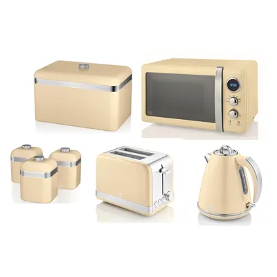 SWAN Retro Cream Kettle Toaster Microwave Bread Bin & Canisters Set