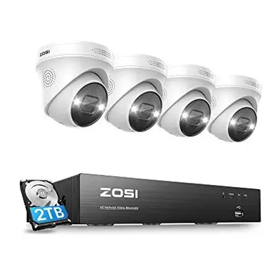 ZOSI 4K PoE CCTV Security Camera System with 2-Way Audio, 8CH H.265+ NVR with 2TB HDD, 4x8MP Out