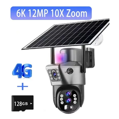 (6K 10xZoom Add 128G) Solar Camera 4g Sim Card Outdoor Surveillance 6k Three Lens Digital Zoom W