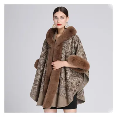 (khaki, One Size) Winter Women&apos;s Shawl Cape Fur Collar Jacquard Hooded Large Size Seven-poi