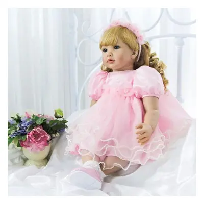 (as the picture) Npk 60cm Reborn Toddler Girl Curly Blonde Hair Princess In Pink Skirt Collectib