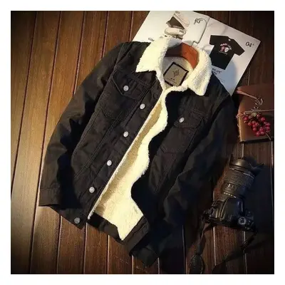 (black, M) Cardigan Plush Denim Jacket, Men&apos;s Thick And Warm Lamb Cashmere Denim Jacket, Au