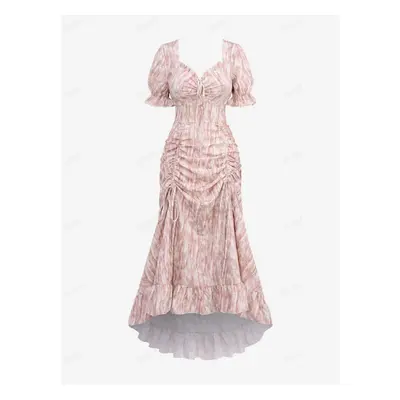 (light pink, M) Rosegal Gothic Puff Sleeves Floral Jacquard Cinched Ruched Ruffles Tie Dye High 