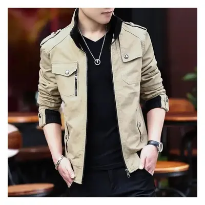 (khaki, L) Mens Cargo Jackets Fashion Bomber Jacket Mens Wear Simple British Style Warm Windproo