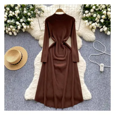 (coffee, One Size) Vintage Elegant O Neck Lool Sleeve Knit Korean Fashion Sweet Dress Women Basi