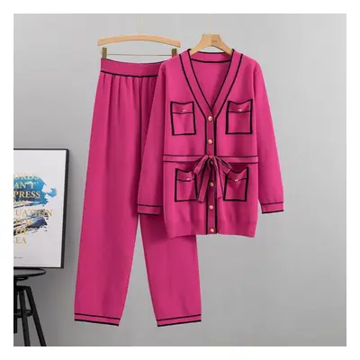 (rose red, S) Autumn And Winter Women&apos;s Knitted Suit Cardigan Wide Leg Pants Suit Temperame