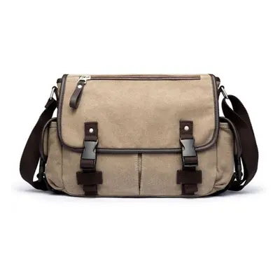 (khaki) Vintage Shoulder Travel Crossbody Canvas Messenger Patchwork Multi-function Laptop Schoo