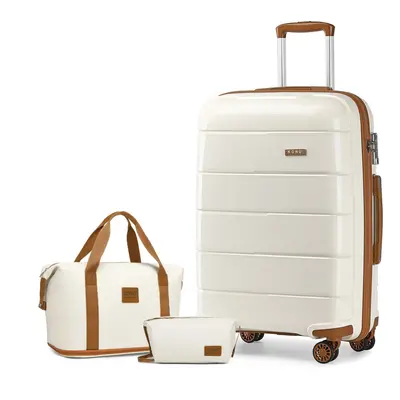 (Cream, inch + bags) 20/24/28 Inch Hard Shell PP Suitcase With Duffel Bag And Toiletry Bag