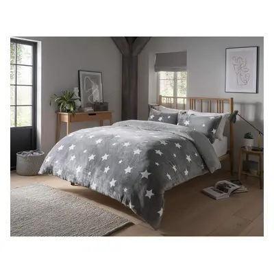 (Double, Stars Grey) Teddy Fleece Duvet Cover Set Printed Super Soft Quilt Sets Check Stars Stag