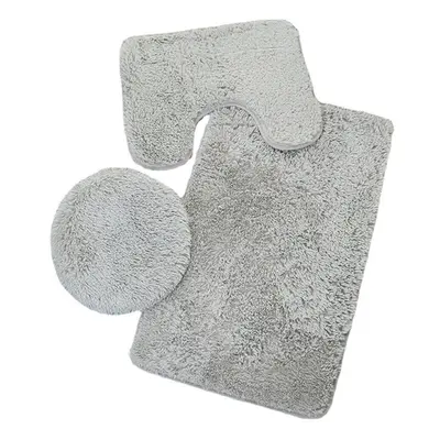 (Grey) 3PCS Solid Color PV Velvet Bathroom Mat Set Anti-slip Floor Rug Lid Toilet Cover