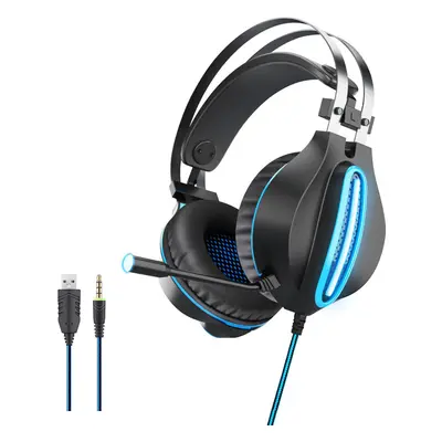 (Blue) Wired Gaming Headset 3.5mm Jack 50mm Bass Stereo Sound LED Light Headphone with Mic for P