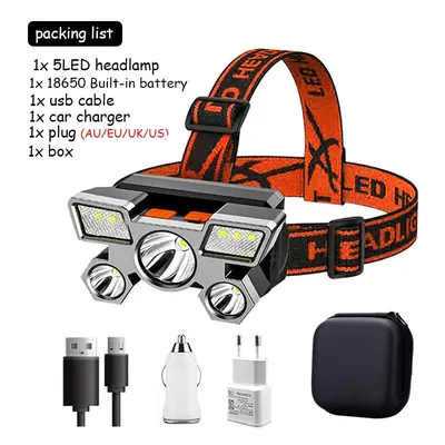 (H Packing) 5LED with Built-in Battery USB Rechargeable Portable Flashlight Lantern Headlamp Out