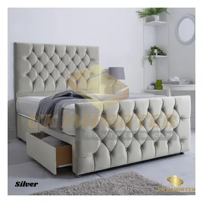 (King (without Drawer), Silver Plush (with Mattress)) PLUSH DIVAN BED SET WITH MATTRESS 54" CHES