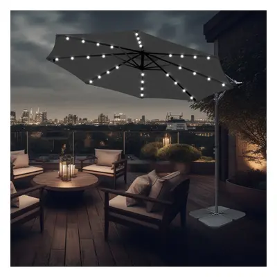 (Black) 3M Garden Banana Patio Cantilever Parasol LED Lights Umbrella with Base