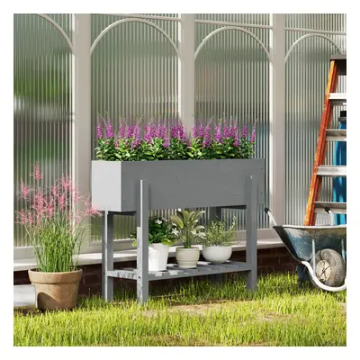 Outsunny Wooden Raised Bed w/ Bed Liner, Storage Shelf, Grey