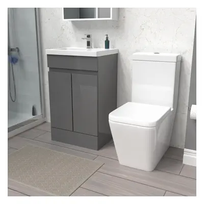 Nes Home Steel Grey 500mm Freestanding Basin Vanity Unit & Close Coupled Toilet