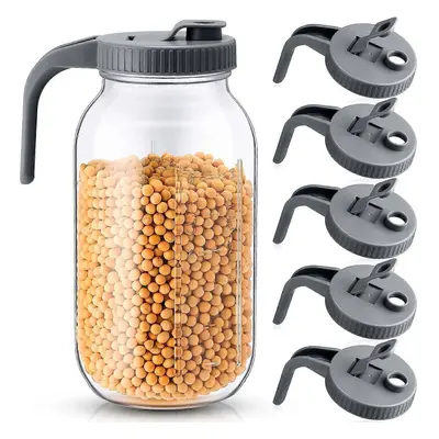 (Grey) 5pcs Wide Mouth Mason Jar Pour Spout Lids with Handle Reusable Plastic Flip Cap Lid, Leak