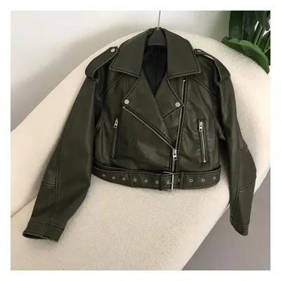 (tan, S) Oftbuy Women Vintage Loose Pu Faux Leather Short Jacket With Belt Streetwear Female Zip