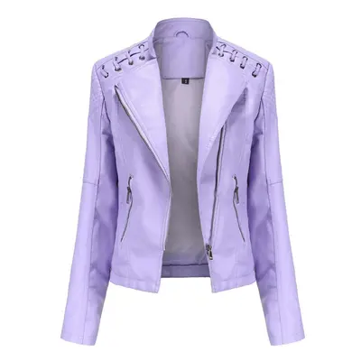 (light purple, XXXL) Women Fashion Lace-up Leather Jacket Slim Fit Spring Autumn Motorcycle Jack