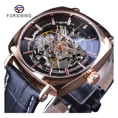 (rose gold) Forsining Leather Strip Luxury Gold Clock Transparent Skeleton Men Automatic Mechani