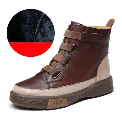 (brown, 35-Plush) Genuine Leather Ankle Shoes Women Boots Round Toe Zip Winter Sewing Leisure Ha