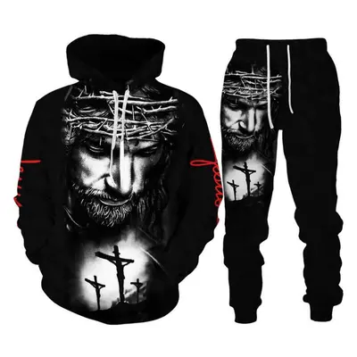 (as the picture, 3XL) Two Piece Set Christian Bible Faith Jesus God Men&apos;s Hoodie Suit Cool 